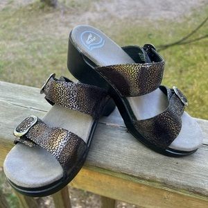 Dansko Sophie slide metallic leopard black sandals